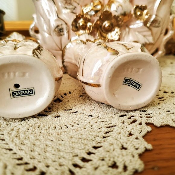 Vintage MCM Betson Pottery Hand Painted Planter & Taper Candle Holders Pink/Gold - Picture 14 of 16